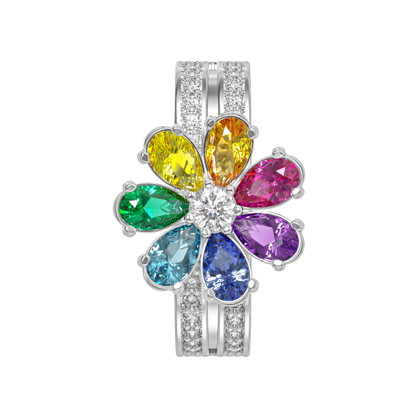 Кольцо “Цветик-семицветик” из белого золота с бриллиантами и сапфирами