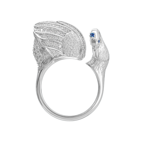 Кольцо “Царевна-лебедь” из белого золота с бриллиантами и сапфирами